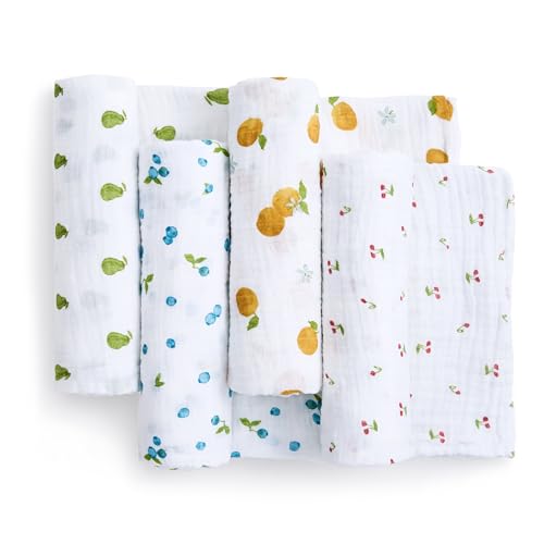 Image of aden + anais Boutique Organic Swaddle Blanket 4-Pack - 100% Organic Cotton Muslin, Large, Soft, Breathable Receiving Blankets for Infants - Lightweight Multi-Use Baby Swaddles, Fresh Fruit