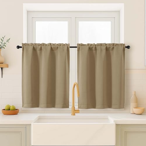 Image of Taupe Blackout Curtains for Small Window Treatment, Light Blocking Short Kitchen Window Curtains Over Sink, Dual Rod Pocket Half Window Tiers for Bathroom Basement, 2x40Wx36L Inches