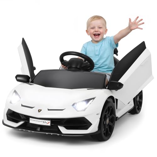 HAUSPROFI Kinder Elektroauto Lamborghini, 12V Elektroauto für Kinder mit 2,4 G Fernbedienung, Kinderauto Elektrisch mit Hydraulischer Tür, Musik, MP3, LED-Licht, Elektrofahrzeuge für ab 3 Jahre, Weiß