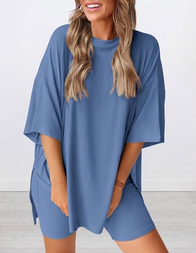 PRETTYGARDEN Women's Two Piece Lounge Set 2025 Summer Casual Oversized Shirts Biker Shorts Matching Airport Travel Outfit (Blue,Medium) - Thumbnail 3