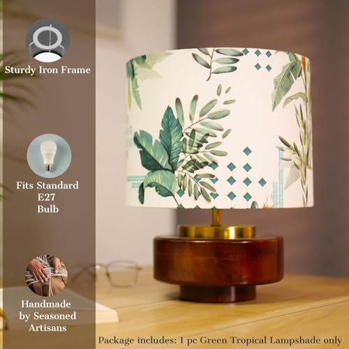 Image of Dreamy Walls 10.5'' Drum Lamp Shade for Bedroom, Living Room | Handcrafted Printed Faux Silk Replacement Lampshade Only | Easy Assembly, 10.5x8.5 Inches, Green Tropical Shade (Pack of 2)