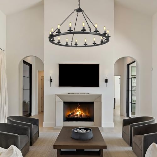 RWOGNLO 40" Black Wagon Wheel Chandeliers, Farmhouse Round Chandeliers for Dining Room, 16-Light Modern Living Room Chandeliers Ceiling Fixtures for Bedroom, Foyer, Entryway, Staircase, Kitchen by RWOGNLO - Used condition - Image 6