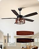 EDISHINE 52' Farmhouse Ceiling Fans with Lights and Remote, 10% - 100% Dimmable, Wood Cage & Blades, Quite Reversible DC Motor, Timer, 6 Speeds, Rustic Ceiling Fan for Bedroom Living Room, UL Listed