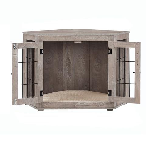 Eckmöbel für Hundebox, Hundebox aus Holz mit Kissen, Hundebox, Möbel-Couchtisch, mit kuscheligem Netz, geeignet für Zwinger für kleine und mittelgroße Hunde (Doppeltür – groß)