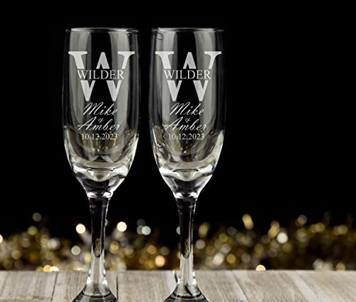 Personalized Wedding Champagne Flutes -Split Font -Set Of 2 Glasses For Toasting /Bride And Groom Gifts -Wedding Registry By Brides Name, Wedding Gift #TOP1
