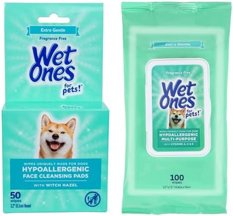 Wet Ones for Pets Hypoallergenic Face Cleansing Pads, Fragrance-Free, 3.2 in Round, 50 ct + Hypoallergenic Dog Wipes with Vitamins A, C & E, Fragrance-Free, 100 ct Pouch Bundle image 3