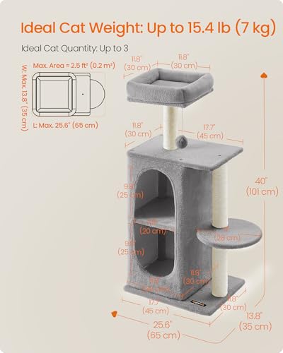 Feandrea Cat Tree Tower with 2 Caves, Scratching Posts, for Multi-Cat Households, Kittens, Light Grey PCT005G01 - Image 6