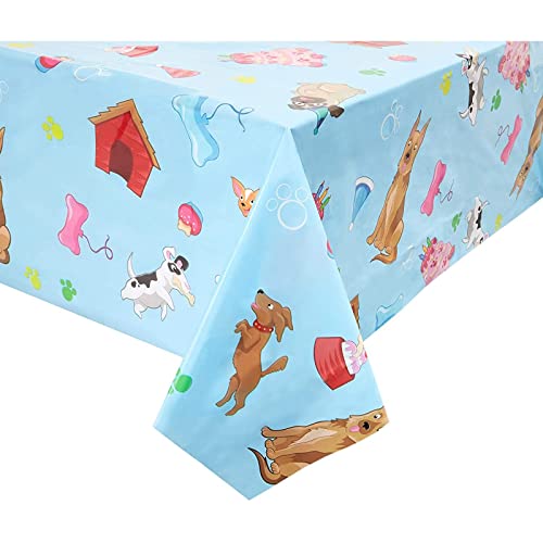 Image of BLUE PANDA Birthday Tablecloth Puppy Dog Theme - 54 x 108 in, Blue, Pack of 3, Rectangular - Disposable Plastic Table Cover with Dog Print for Doggy Party Decor