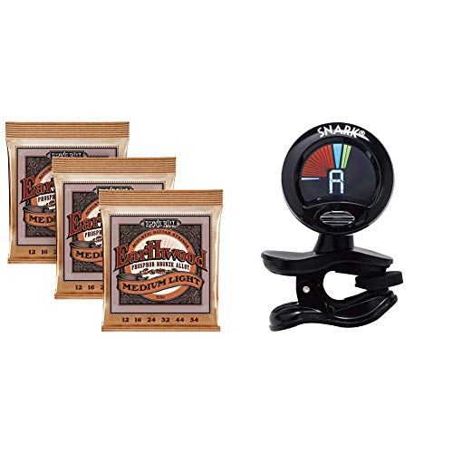 Ernie Ball Earthwood Phosphor Bronze Medium Light (12-54) 3-Pack Acoustic Guitar Strings (P03446) & Snark SN5X Clip-On Tuner for Guitar, Bass & Violin (Current Model)