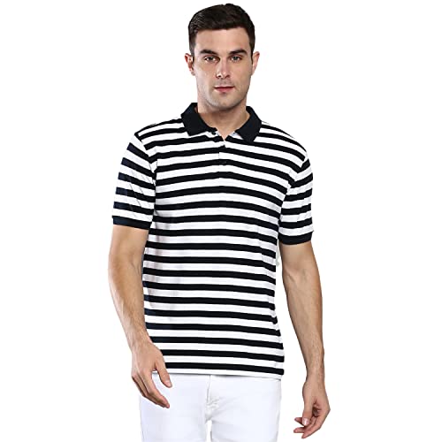 Image of Dennis Lingo Men's Casual Slim Fit Polo Neck T-Shirt, Half Sleeves Striped Pure Cotton Collar T-Shirt for Men