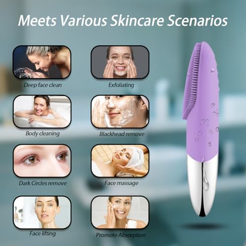 Uimoky Facial Cleansing Brush, 3-in-1 Electric Silicone Face Scrubber, Vibrating Massager, IPX7 Waterproof, USB Rechargeble Pore Brush for Deep Cleanning, Blackhead Remover, Exfoliating (Purple) 85g