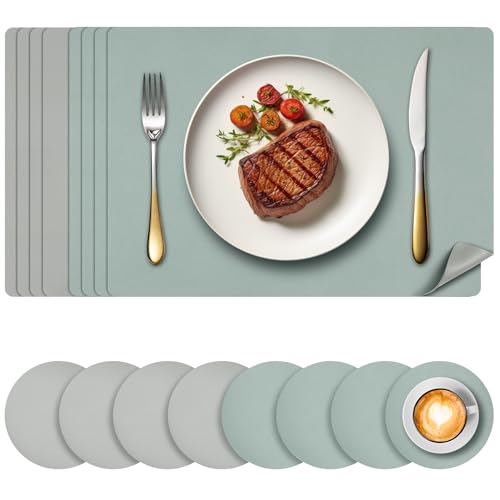 Votoko Juego de 8 Manteles Individuales Lavables, Salvamanteles Individuales de Doble Cara y Posavasos, Manteles Individuales Cuero Antideslizante Impermeable, para Mesa de Cocina(Verde)