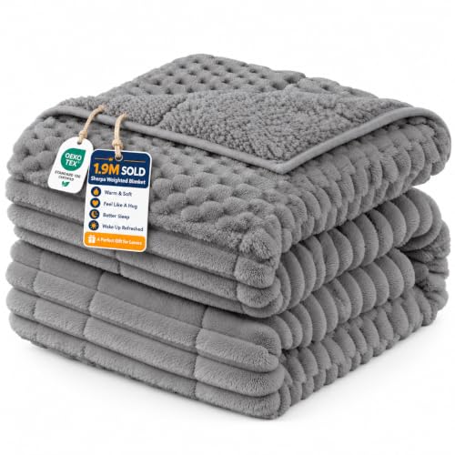 Uttermara Weighted Blanket for Adults, 15lbs Queen Size 60x80 Inches | Soft Warm Sherpa Fleece with Glass Beads; Fuzzy Washable Cozy Heavy Plush Throw for Sleep; 3D Jacquard Pattern; Grey