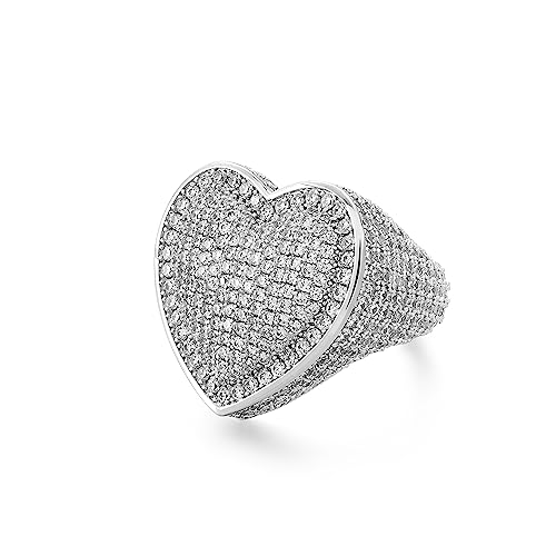 Iced Out Jewelry 5A Cz Stones Shiny Baguette Heart Engagement Gold Luxury Diamond Ring, Hip Hop Bling Bling 18K Gold Plated Party Pinky Ring Men Women (Silver, 9)