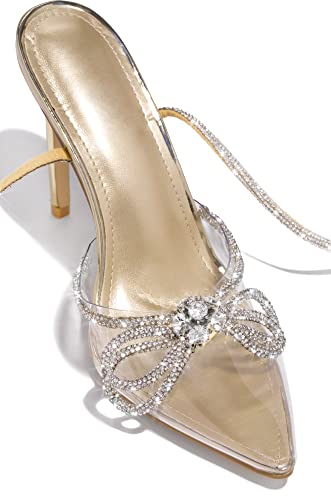 MissHeel Rhinestone Ankle Strap Clear Pumps Heels with Crystal Double Bows 3 inch3
