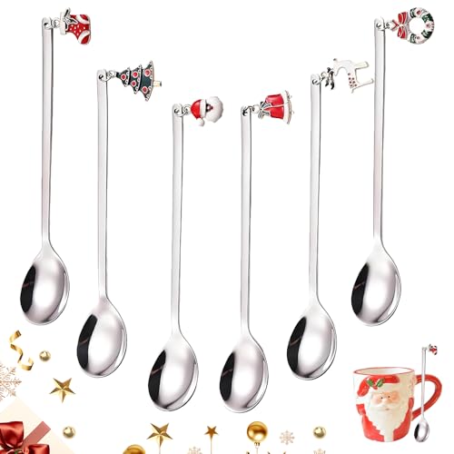 6-Teiliges Weihnachtslöffel,für Weihnachtstasse Weihnachtstassen Weihnachtsgeschirr,Wweihnachten Christmas Spoon set,Weihnachts Löffel Besteck,Kaffeelöffel Geschirrset Weihnachtsbesteck (Silber)
