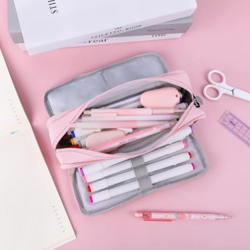 Image of OSDUE Canvas Premium Pencil Case, 6 Layer, 3 Compartments, Large Capacity, Cute Aesthetic Design for Girls, Multifunctional Pouch for School Kids (Queen Pink, Pink, Horizontal)