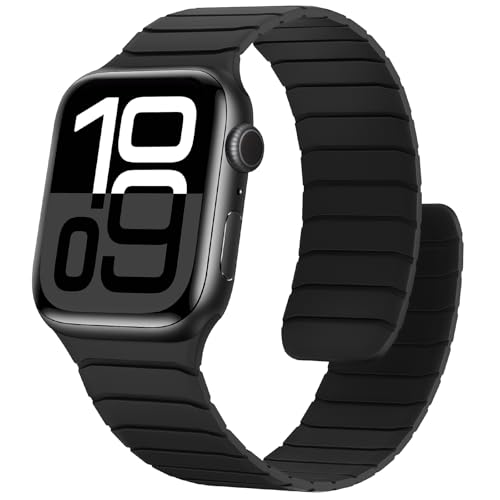 Sixmoat 磁気シリコンバンド コンパチブル Apple Watch 42mm(Series11/10) 41mm 40mm 38mm コンパチブル iWatch スポーツループ 男女兼用 軽量ベルト SE Series 11 10 9 8 7 6 5 4 3 2 1，ブラック