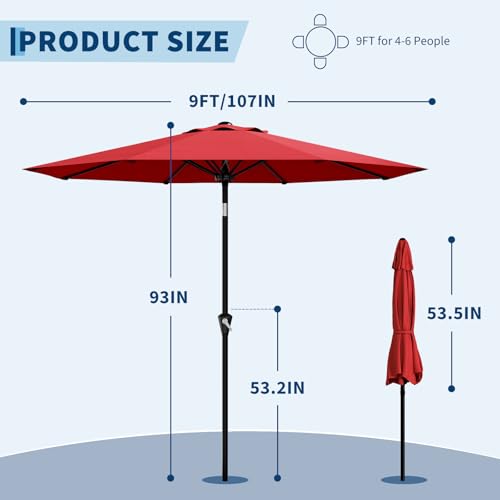 Garvee 9FT Outdoor Patio Umbrella with Tilt and Crank, Beach Pool Umbrella Outdoor Table Umbrellas Parasol UPF50+ Sunshade for Deck, Yard, Market, Red image 5