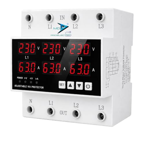 Image of MD Proelectra 3 Phase Automatic Over Under Voltage Protector 63A with Over Current, Phase Loss, Phase Imbalance, Phase Asymmetry & Incorrect Phase Sequence Protection, Auto Reconnect, 220VAC