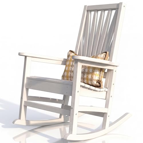 DWVO Outdoor Rocking Chair Patio Rocker with Windsor Backrest & Wide Armrests HDPE Patio Chair 30 Rocking Motion Outdoor Rocker for Porch Balcony Garden Seating White