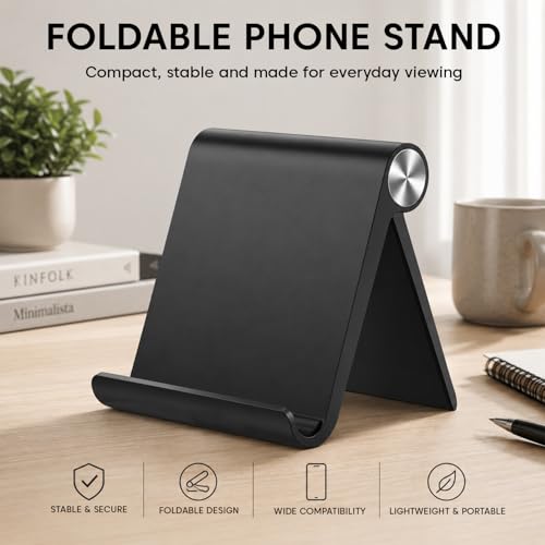 Image of Sounce Foldable Phone & Tablet Stand for Desk, Adjustable, Portable, Black | Compatible With iPhone, Samsung, OnePlus, Xiaomi, Android Phones And Most Tablets For Multi-Angle, Non-Slip Base, Lightweight