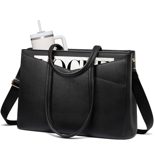 LOVEVOOK Laptop Tote Bag for Women 15.6 Inch Leather Work Bags with Large Cup Holder for Teacher Work Business,Black