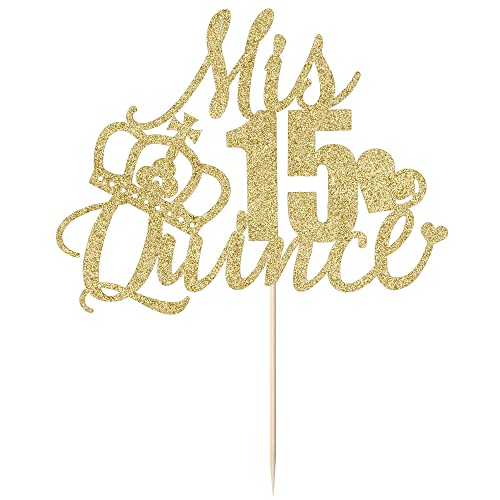 Sleyberoy Mis Quince15Th Cake Topper - Hello 15, Cheers 15, 15Th Birthday/15Th Anniversary Party Decorations (Gold Glitter) #TOP2