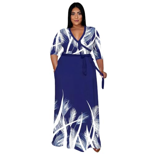 Image of Nmoder Plus Size Maxi Dress for Women - Summer Casual 3 /4 Sleeve Floral Flowy Long Dress with Belt XL- 6XL