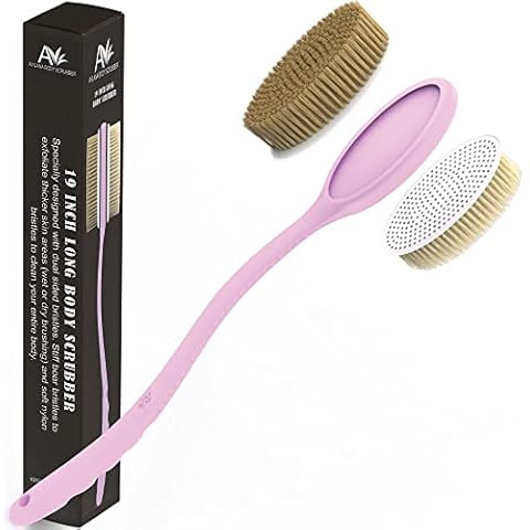Avilana Shower Body Brush with Long 19 inch Curved Handle with Soft and Stiff Bristles, Long Silicone Handle Back Scrubber with Replaceable and Interchangeable Pads Cover