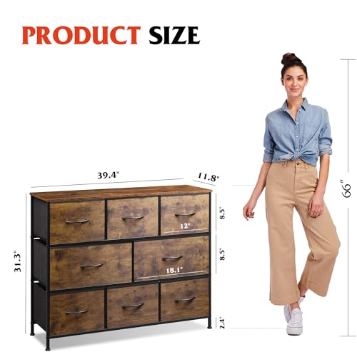 WLIVE 8 Drawer Dresser for Bedroom, Fabric Dresser with Large Storage Drawer Unit for Entryway, Chest of Drawers for Living Room, Rustic Brown