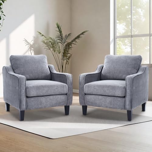 FLEXISPOT AC2 Accent Chairs Set of 2, Mid Century Modern Chenille Upholstered Armchairs with Padded Back, Comfy Reading Chairs for Living Room, Bedroom, Office & Small Spaces, Grey