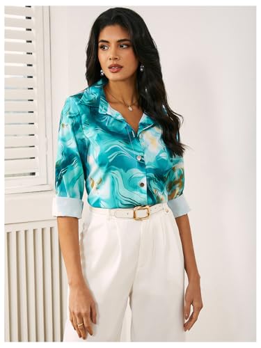 WDIRARA Women's Marble Print Button Down Long Sleeve Shirt Collar Blouse Top3