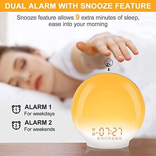 Relógio de alarme nascer do sol, luz de despertar com simulação do nascer do sol/pôr do sol, alarmes