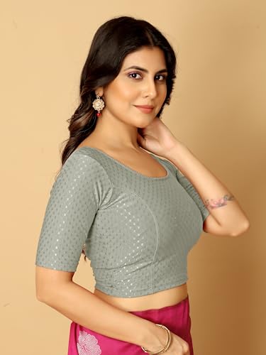 Image of Amazon Brand - Anarva Round Neck Dobby Cotton Lycra Stretchable Elbow Half Sleeve Readymade Saree Blouse for Women Stylish