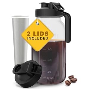Cold Brew Coffee Maker with Heavy Duty Glass Body & 2 Lids – Iced Tea Machines with Stainless Steel Filter – Iced Coffee Maker – Cold Brew Mason Jar Pitcher with Flip Cap Lid (64 oz / 2 quart, Black)