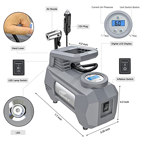 Hausbell Portable Air Compressor For Car Tires 2023 Upgraded Model, Handle Up To 4 Tires At A Time, 12V Dc Car Air Pump, 150 Psi With Emergency Led Light (Grey) #TOP2