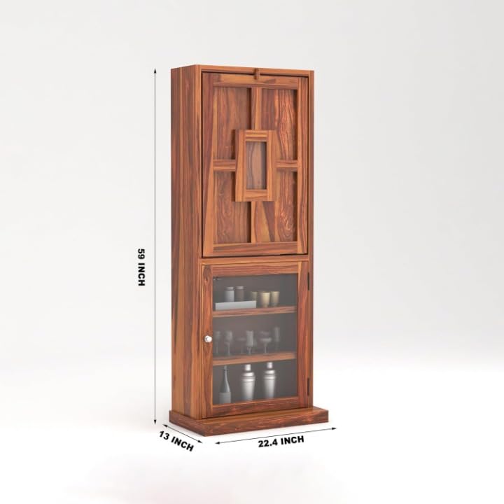 Image of SUNCOM Solid Sheesham Wooden Bar Cabinet for Home - Wooden Wine Rack for Home Bar - Foldable Modern Bar with Shelves & Glass Door Storage (Natural Finish)