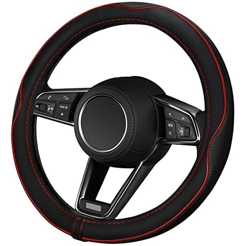 ELZO Universal 14.5-15 Inch Car Steering Wheel Cover with Genuine Leather for CRV HRV Accord Corolla Prius Rav4 Tacoma Camry, etc (Black with Red Line) Cover