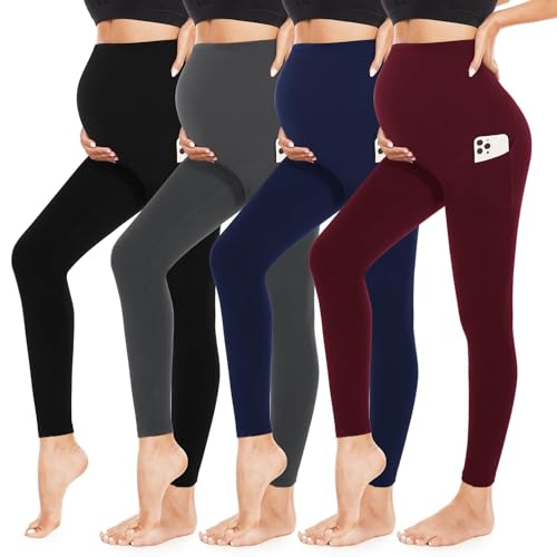 Image of 4 Pack Women’s Maternity Leggings with Pockets Over The Belly Butt Lift - Soft Workout Pregnancy Yoga Pants