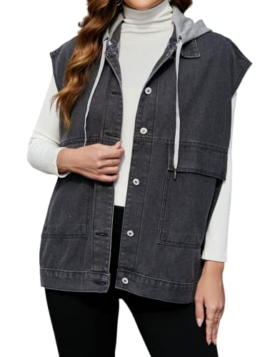 Image of PAODIKUAI Women's Oversized Denim Vest - Sleeveless Distressed Jean Vest with Pockets for Casual Layering
