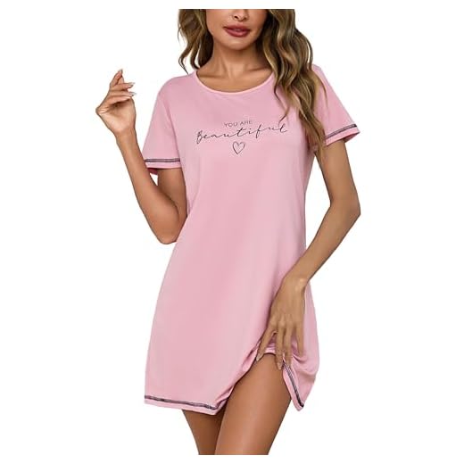 Bresdk Nachthemd Damen Kurz Schlafshirt Printed Nachtwäsche Baumwolle Kurzarm Weiche Loungewear Sleepshirt Sommer für Frauen Rosa L