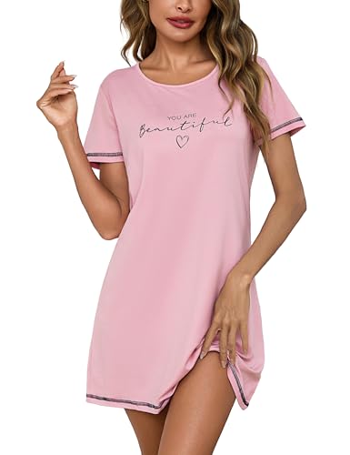 Bresdk Nachthemd Damen Kurz Schlafshirt Printed Nachtwäsche Baumwolle Kurzarm Weiche Loungewear Sleepshirt Sommer für Frauen Rosa L
