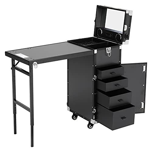 ATHUAH Rollbarer Maniküretisch, Nagelschreibtisch, Arbeitsplatz mit 4 Schubladen, Spiegel, Lautsprecher für Make-up, Salon, Reisen, Kosmetikwagen, Aufbewahrungsorganisator (schwarz (EIN Tisch))