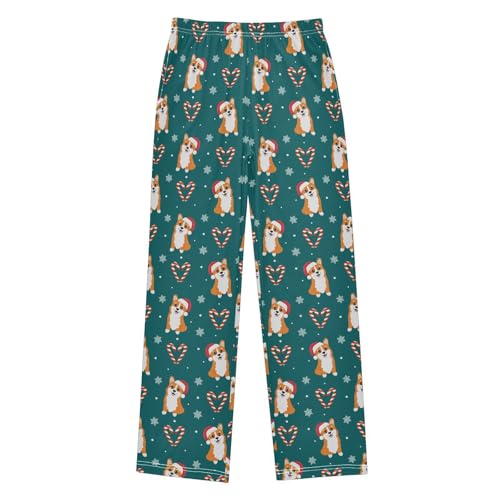 Corgi Dog Xmas Candy Cane Boys Long Pants Soft Trousers Elastic Waist Kids Lounge Bottoms with Pockets S-XL