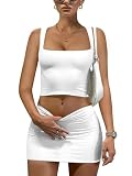 LAGSHIAN Women's Square Neck Sleeveless Tank Top Stretch Mini Skirt Summer Sexy 2 Piece Club Dress White, Large