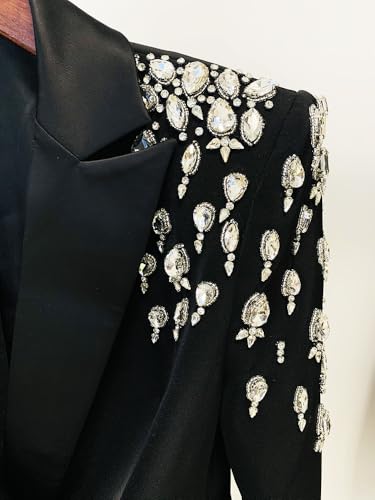 Women's Rhinestone Long Blazer Dress Jacket Luxury Handmade Diamond Satin Collar Double Breasted Women Suit Outfits4