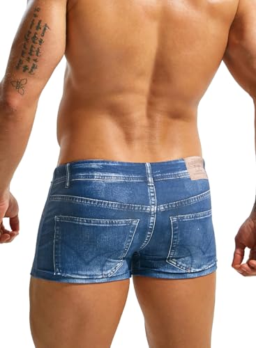 MIZOK Mens Denim Prints Swim Trunk Quick Dry Boxer Swimwear Square Leg Swimsuit3