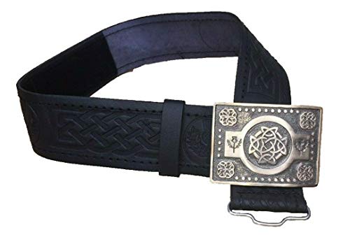 AAR Black Leather Thistle Design Scottish Highland Kilt Belt With Antique Finish Buckle