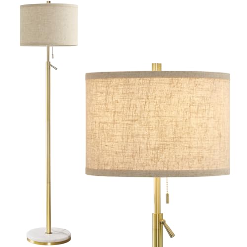 GyroVu Lámpara de pie para salón, dorada, con base de mármol y pantalla de lino, altura regulable con interruptor de cadena, lámpara de pie moderna para salón, dormitorio, hotel y oficina